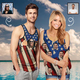 Custom Face&Name USA Flag Matching Couple Tops Design Men's All Over Print Tank Top Women's Tie Neck Cold Shoulder Top