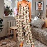 Persoanlized Sleepwear Custom Photo Funny Loungewear With Faces On Women's Christmas Hat Tree Suspender Jumpsuit Loungewear