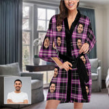 Custom Face Plaid Stripe Women's Short Summer Nightwear Personalized Photo Pajamas Kimono Robe