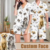 Custom Pet Matching Pajamas Personalized Face Dog&Cat Couple Matching V-Neck Short Pajama Set Gifts for Couples