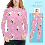 Custom Face Pet Dog Bone Pink Long Pajama Shirt&Pants Personalized Women's Slumber Party Sleepwear