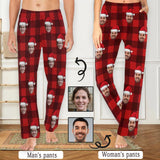 [More Comfortable]Custom Face Red Plaid Christmas Hat Sleepwear Personalized Women's&Men's Slumber Party Long Pajama Pants