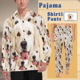 Pajama Shirt&Pajama Pants-Custom Face Pajamas Pet Dog Sleepwear Personalized Photo Men's V-Neck Long Pajama Set