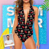 Custom I Love You Face Swimsuit Women's Backless V-Neck One Piece Bathing Suit Honeymoons For Her