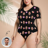 Custom Face Lover Heart Black Women's Short Sleeve Bodysuit-Swimsuit-Bathing Suit