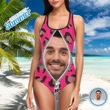 Custom Face Pink Leopard Zipper Swimsuit Personalized Women's Tank Top Bathing Swimsuit