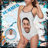 Custom Face Swimsuit Shiny Silvery Personalized Women's Slip One Piece Bathing Suit Honeymoons For Her