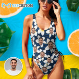 Custom Face White Flower Women's New Drawstring Side One Piece Swimsuits