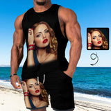 Custom Photo Big Face Black Men's Tank Top&Sport Shorts Set 2in1 Creative Personalized Face Men Tank Top Swim Trunk Short Set