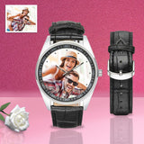 Men's Custom Couple Photo Casual Watch, Black Leather Strap