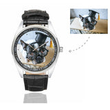 Men's Custom Dog Photo Casual Watch, Black Leather Strap