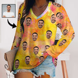 Custom Face Long Sleeves Shirt Women's Personalized Yellow Tie Dye Loose Tops