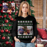 Custom Photo Sweater Christmas Snowflake Black Personalized Ugly Sweater With Photo Christmas Sweater With Picture Women's All Over Print V-Neck Pullover Sweater