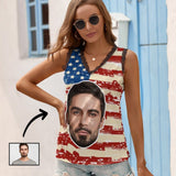 Custom Face on Tank Top Flag Personalized Women's V-Neck Sleeveless Top Stars Stripes Flag Design Gift for Her